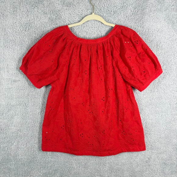 Calypso St. Barth Red Eyelet Embroidered Button Front Puff Sleeve Top Women's M - Picture 6 of 6